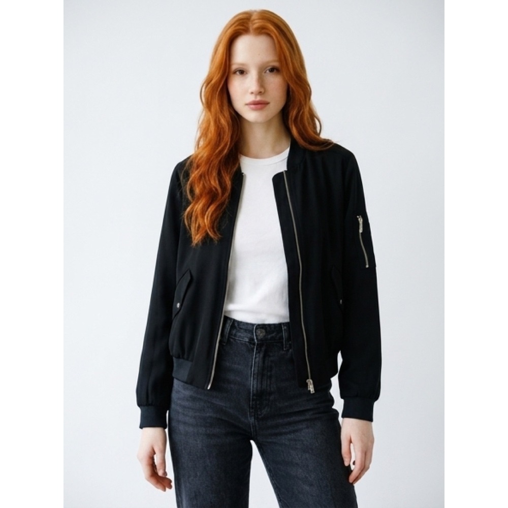 Zara Basic Collection Black Bomber Jacket Utility Pocket Womens XS Full Zip